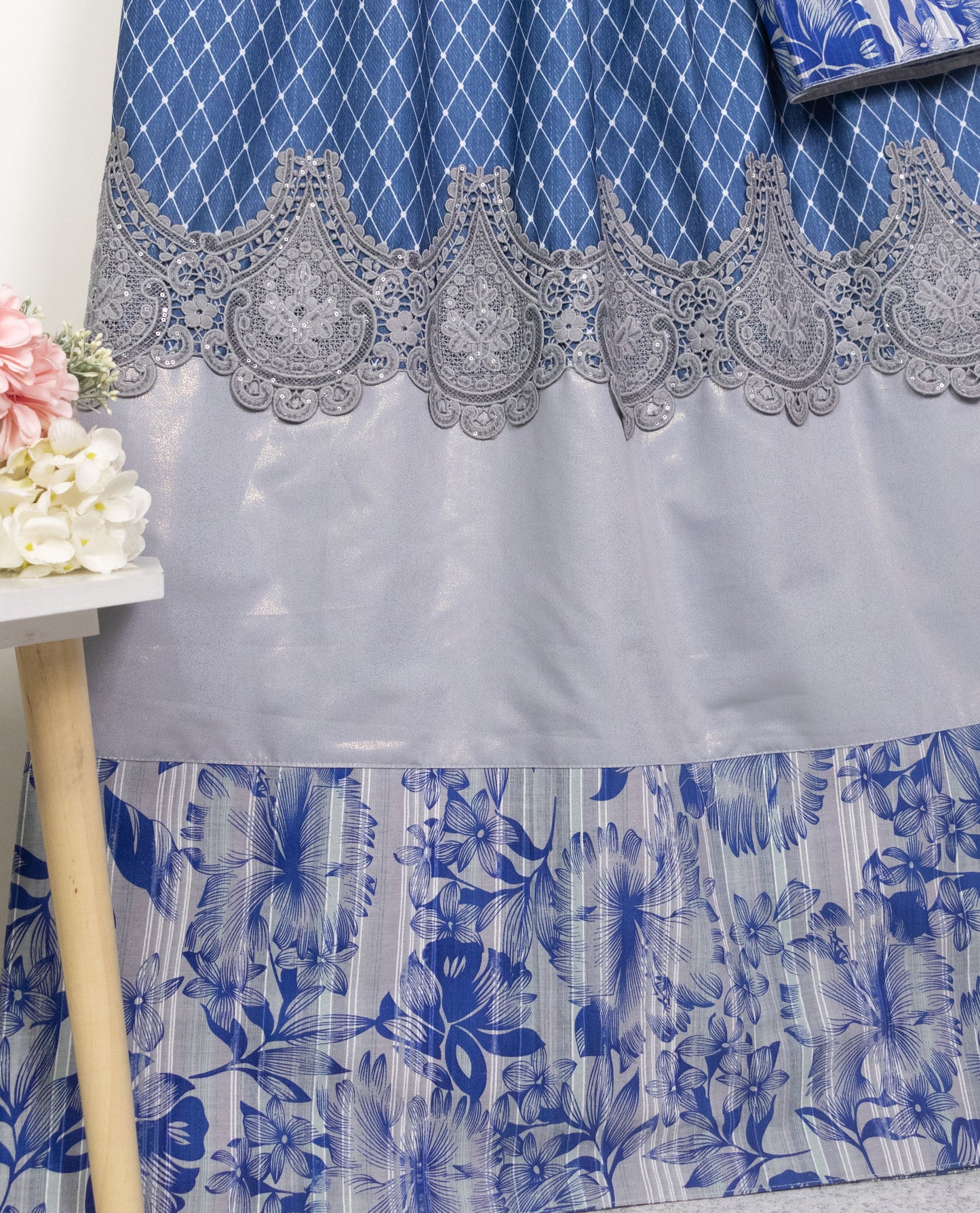 Denim Blue Net Design Rida With Smart Panel & Lace – AL-Vard Collection