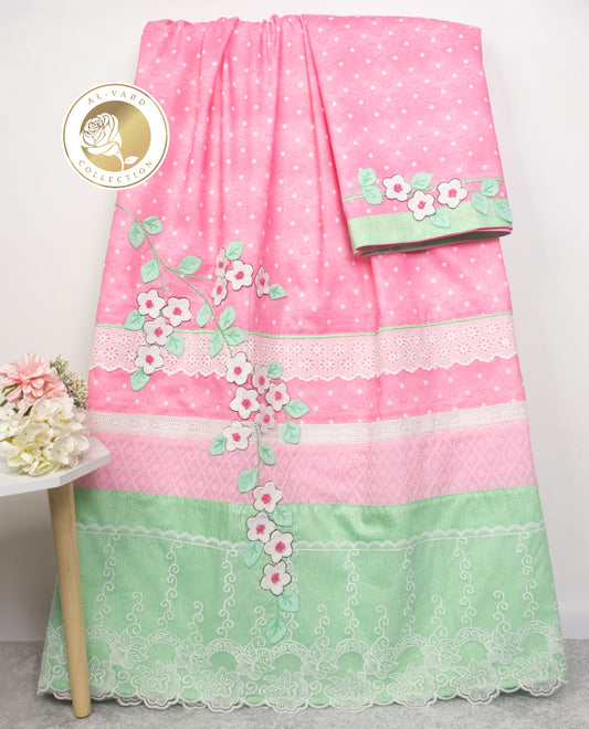Onion Pink Dots Rida With Smart Panel Lace & 3D Floral Work