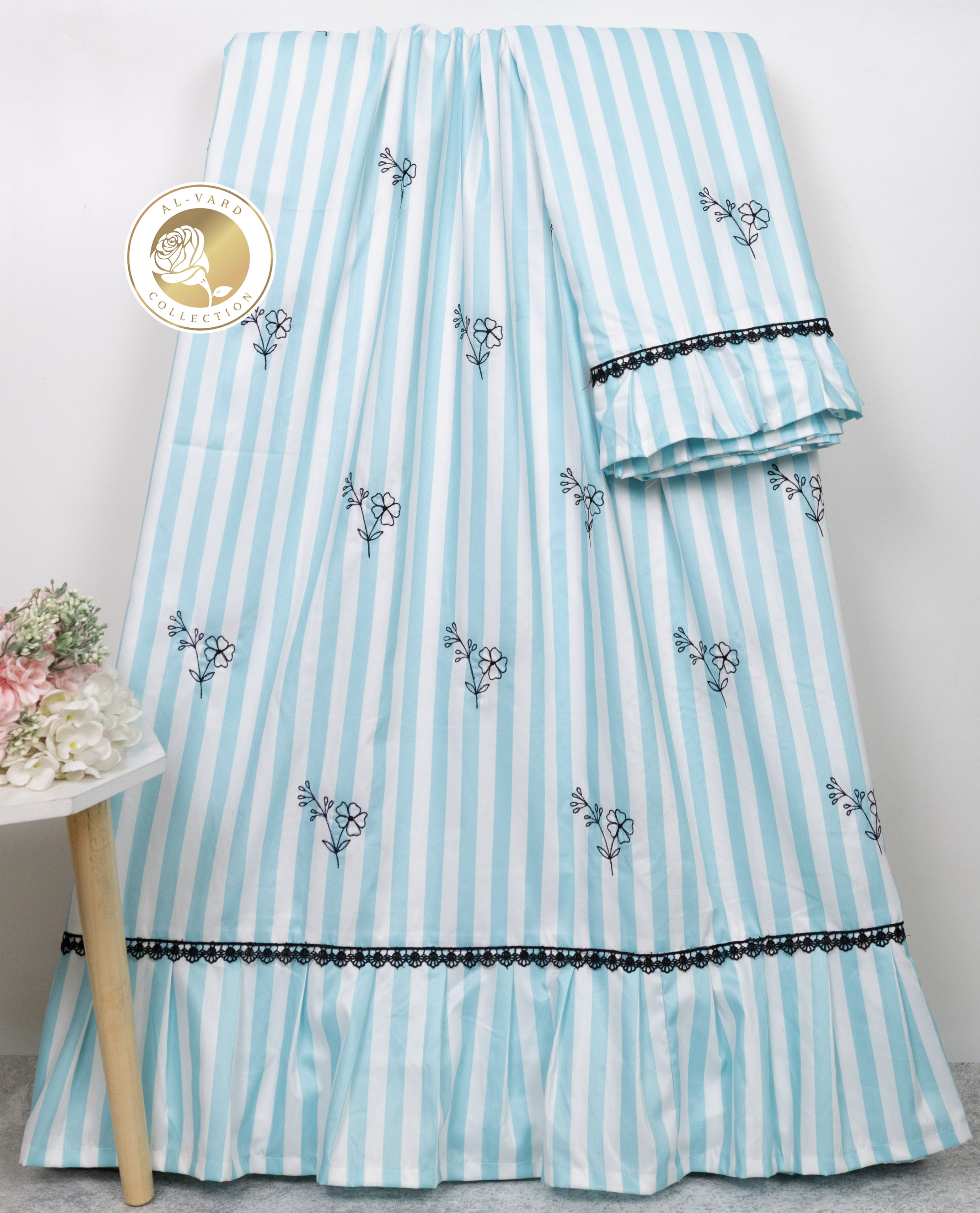 Light Blue White Stripes Rida With Small Black Lace & All Over Floral Booties & Frill Look