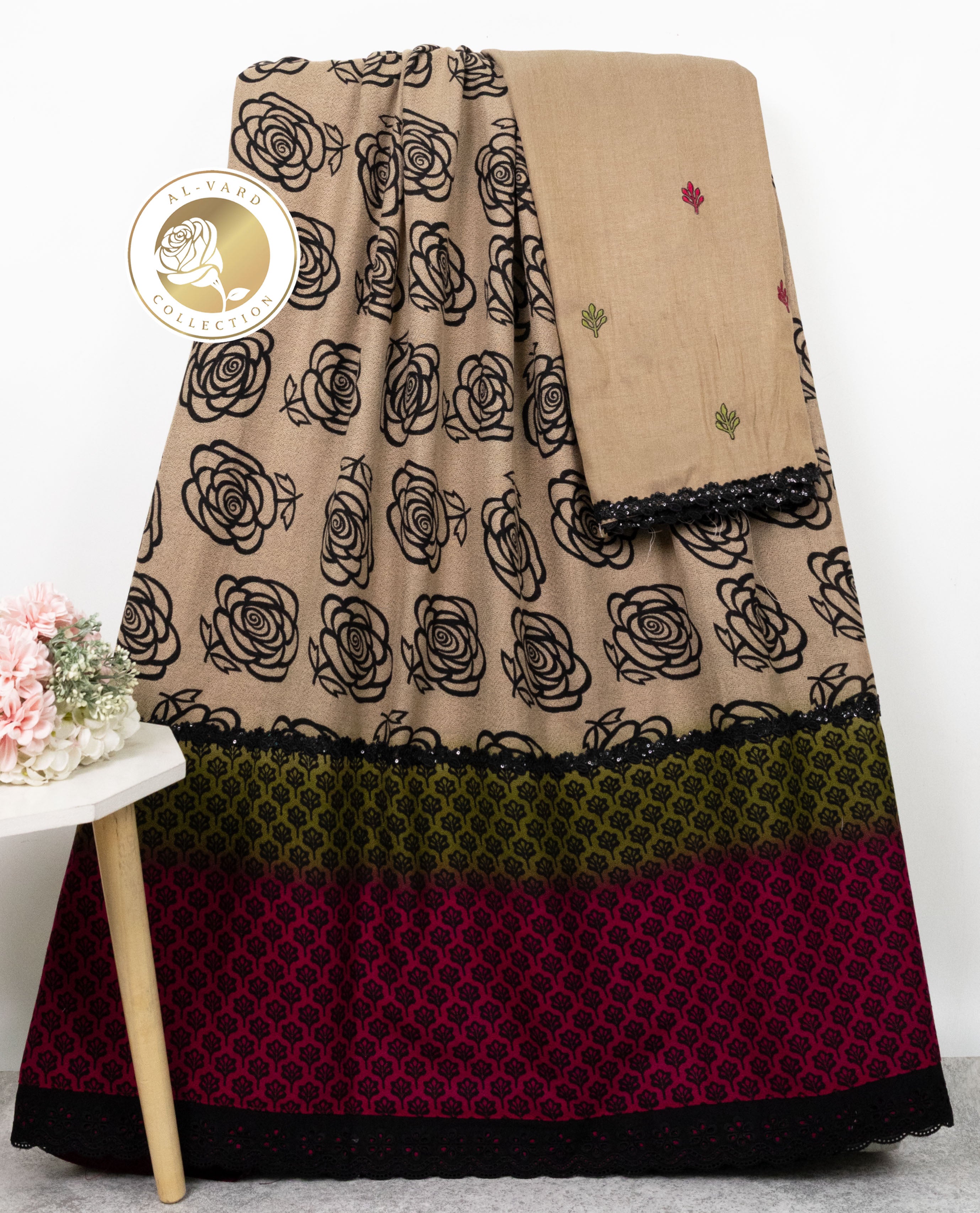 Khaki Brown Base Black Flower Pattern & Smart Heavy Look Lacing-2900/-