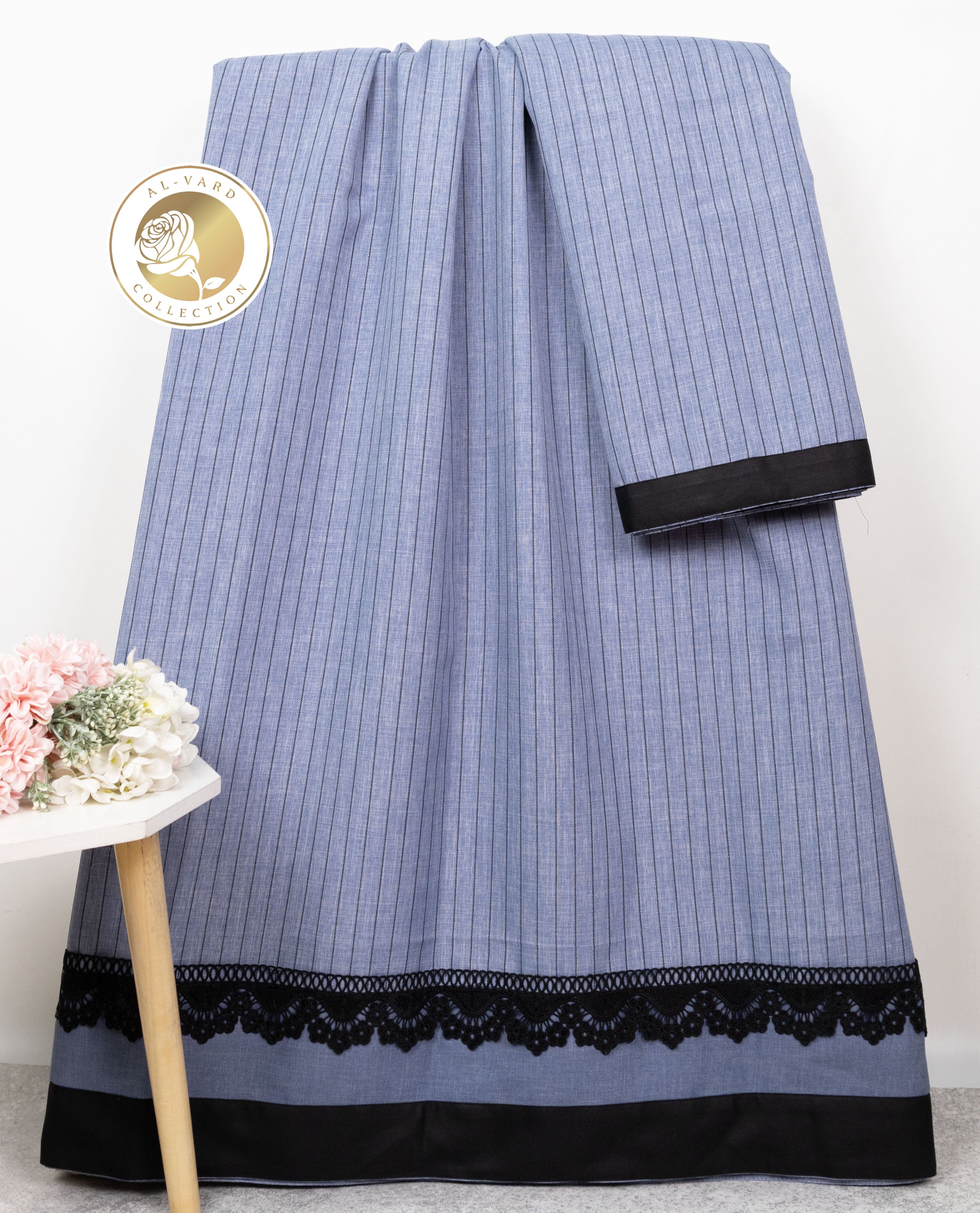 Steel Blue Black Stripes With Smart Black Floral Lace