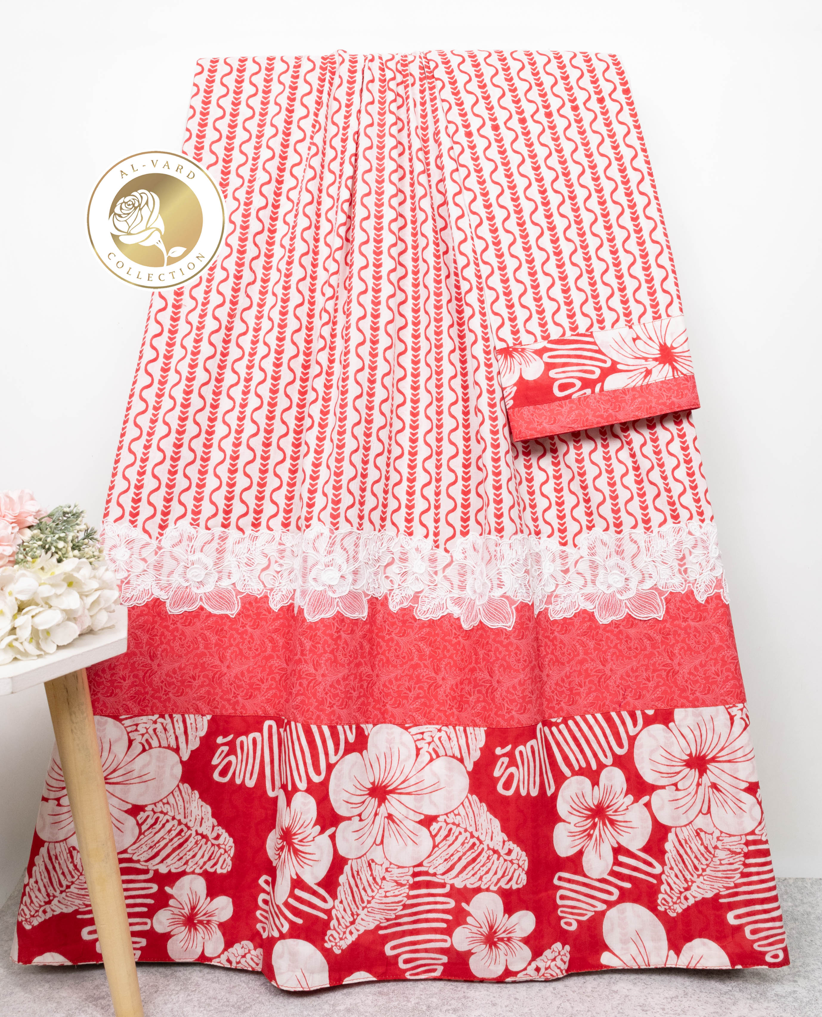 White Base Red Print Batik Rida With Smart Floral Print Panel & Smart Floral Lace