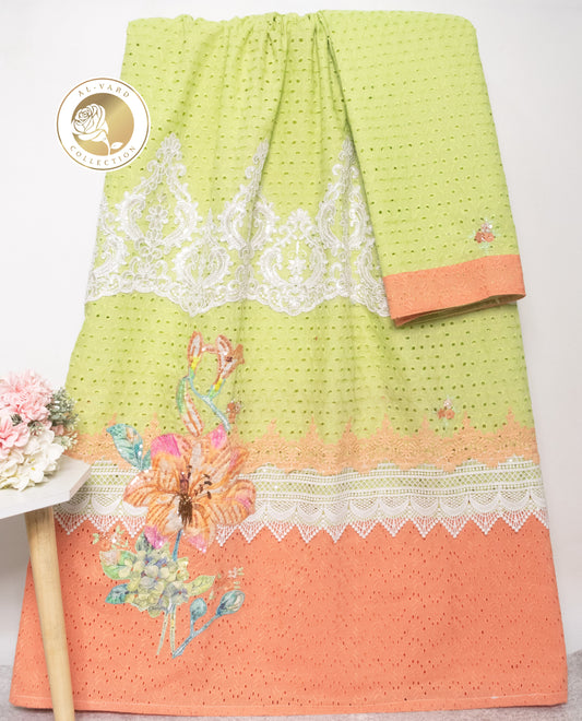 Light Green Hakoba Rida With Smart Orange Hakoba Panel Smart Lace & Floral Work