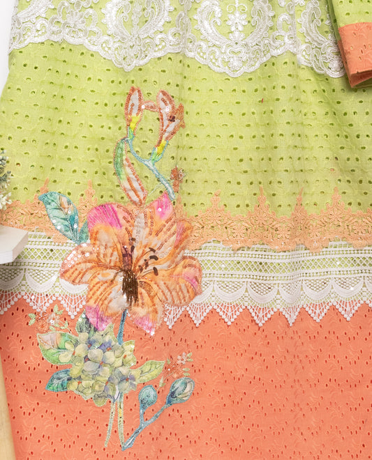 Light Green Hakoba Rida With Smart Orange Hakoba Panel Smart Lace & Floral Work