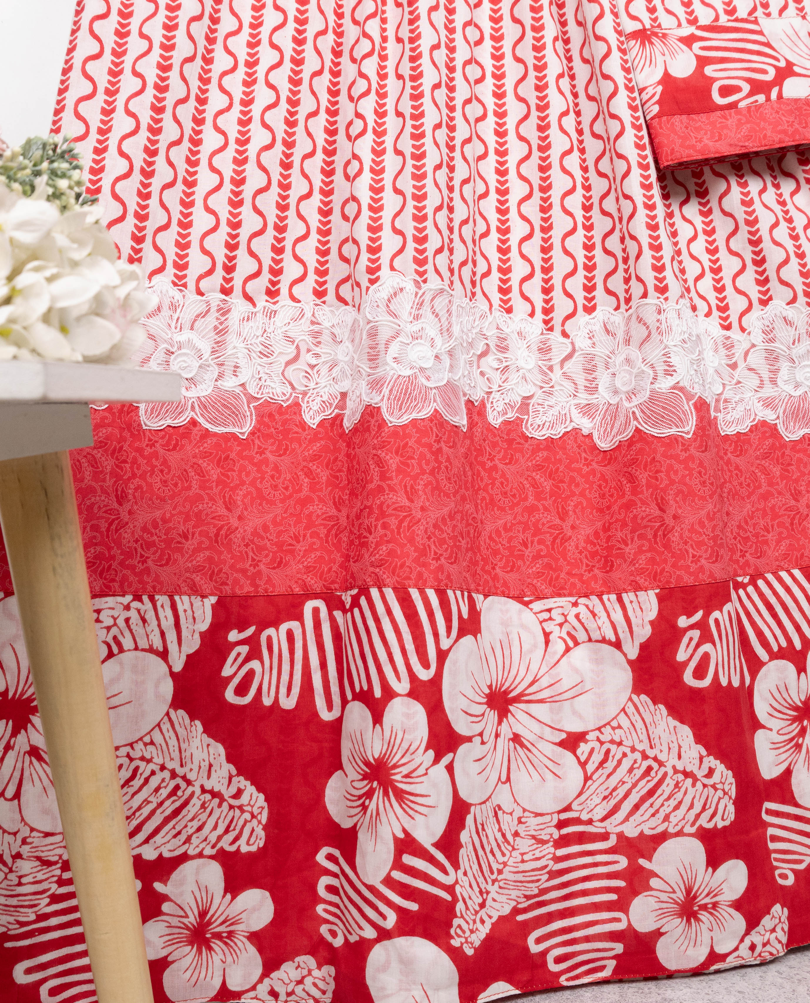 White Base Red Print Batik Rida With Smart Floral Print Panel & Smart Floral Lace