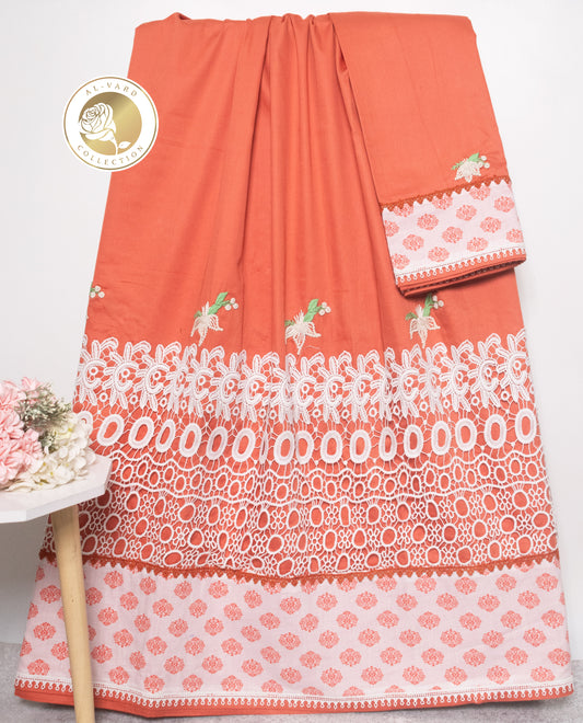 Tomato Red Rida With Smart Lace Panel & All Over Work