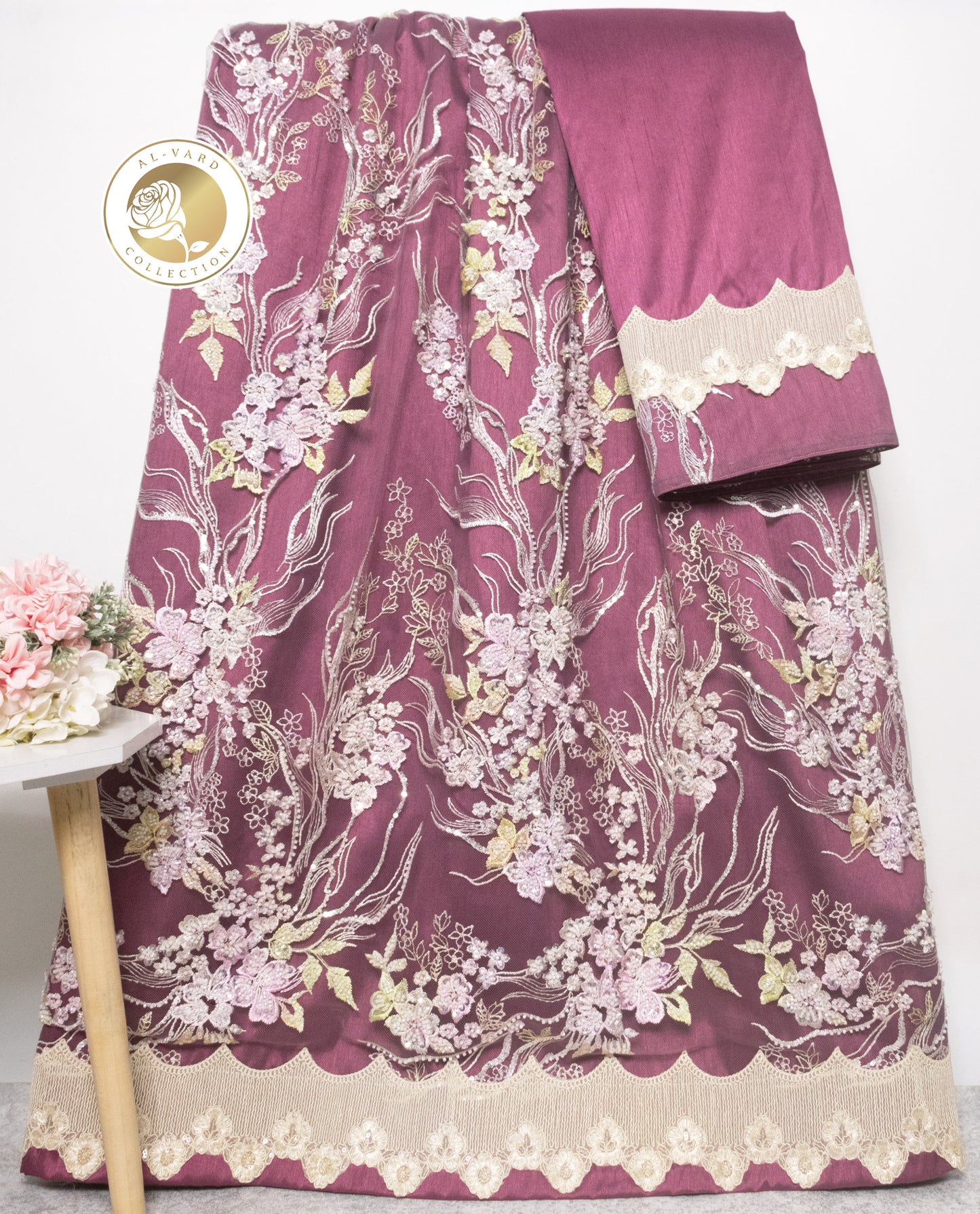 Dark Falsa Color With Smart Floral Net Peice & Lace