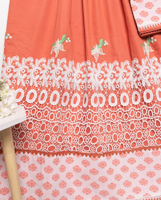 Tomato Red Rida With Smart Lace Panel & All Over Work