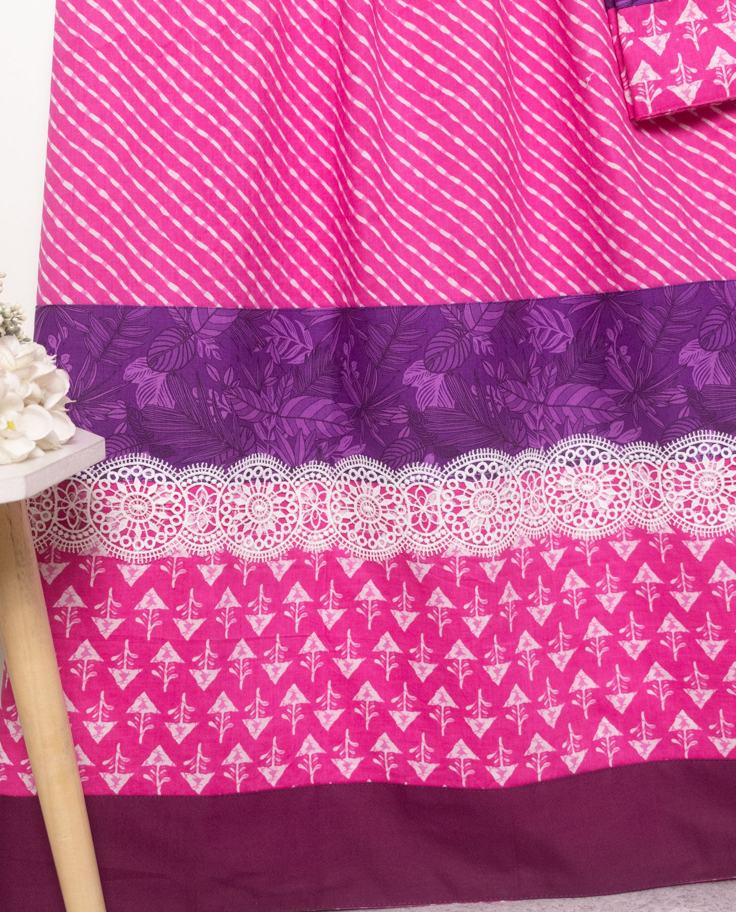 Magenta White Stripes Batik Rida With Smart Lace & Dark Batik Panel
