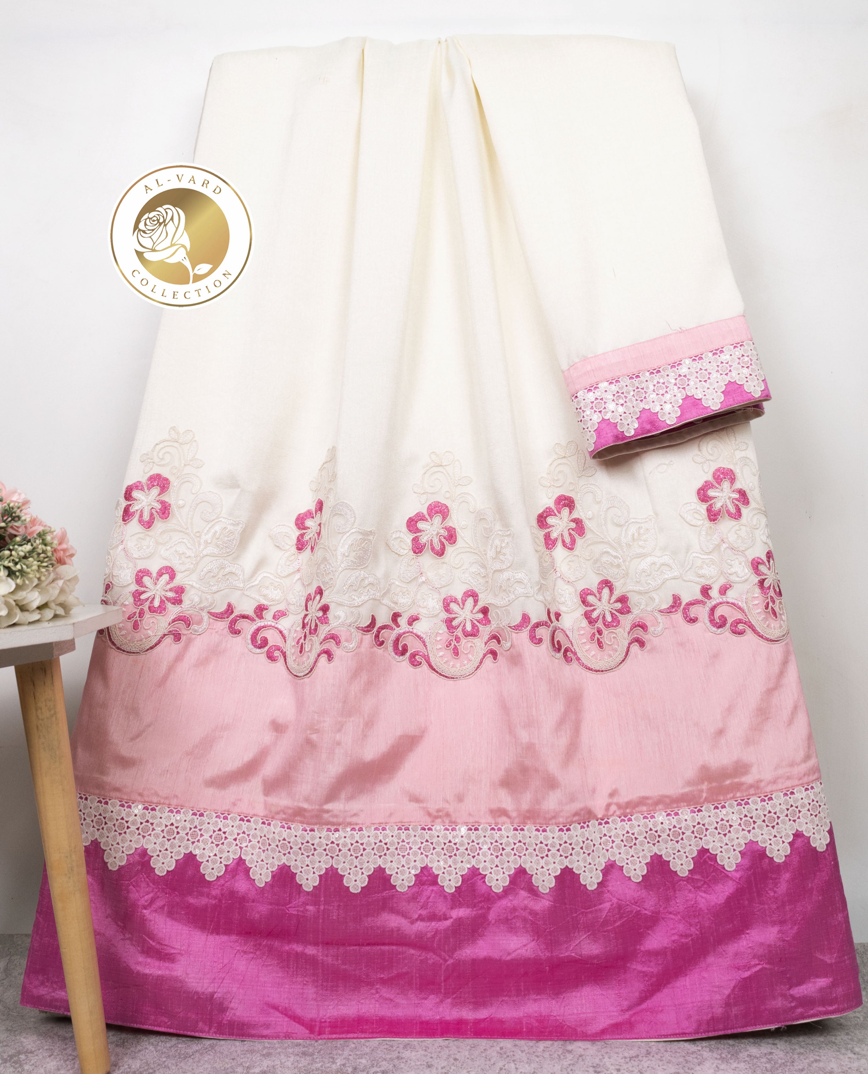 Ivory Rida With Floral Lace & Two Shaded Pink Color Shining Panel