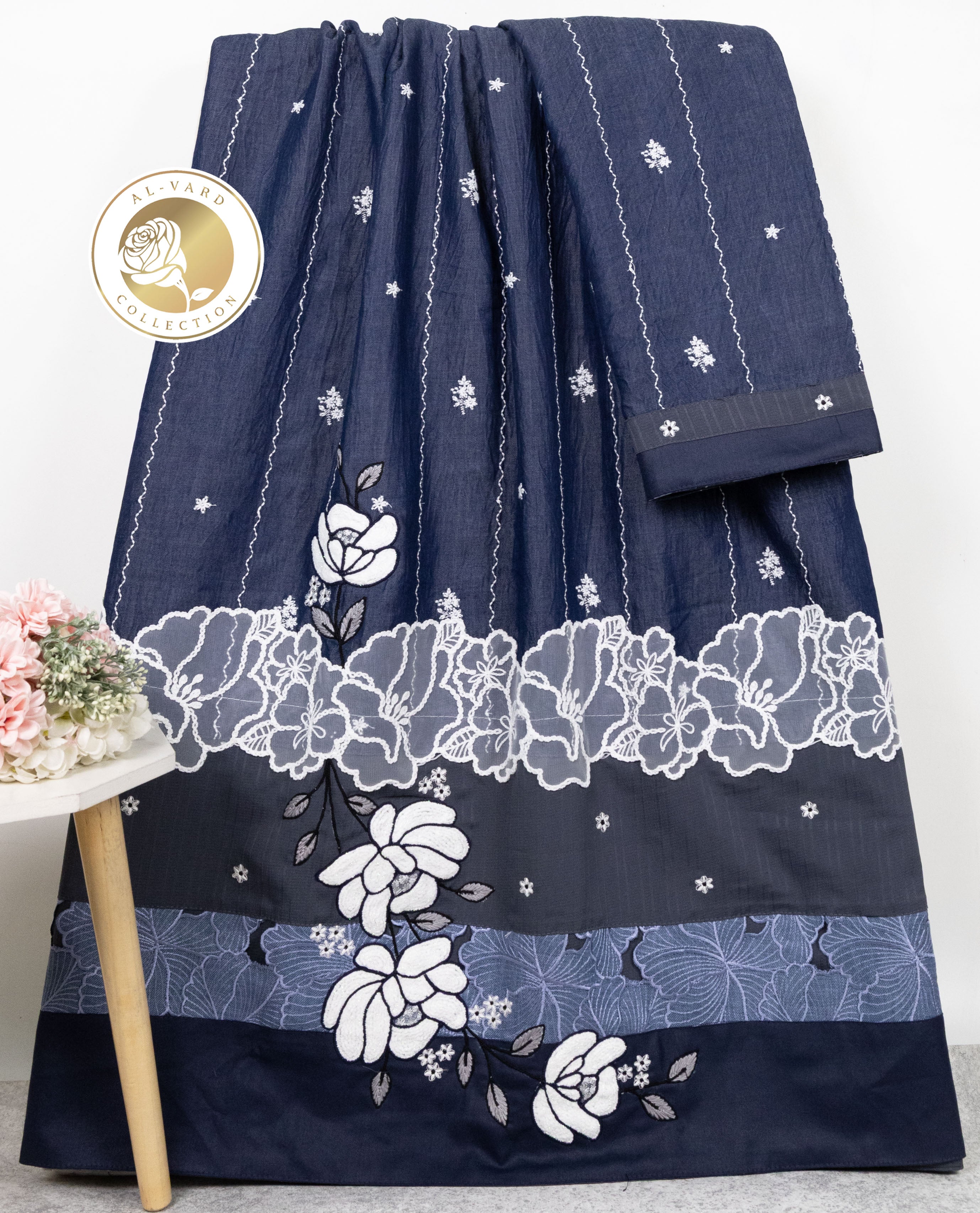 Midnight Blue Rida With Smart Pattern Floral Lace & Floral Applique Work-3600/-