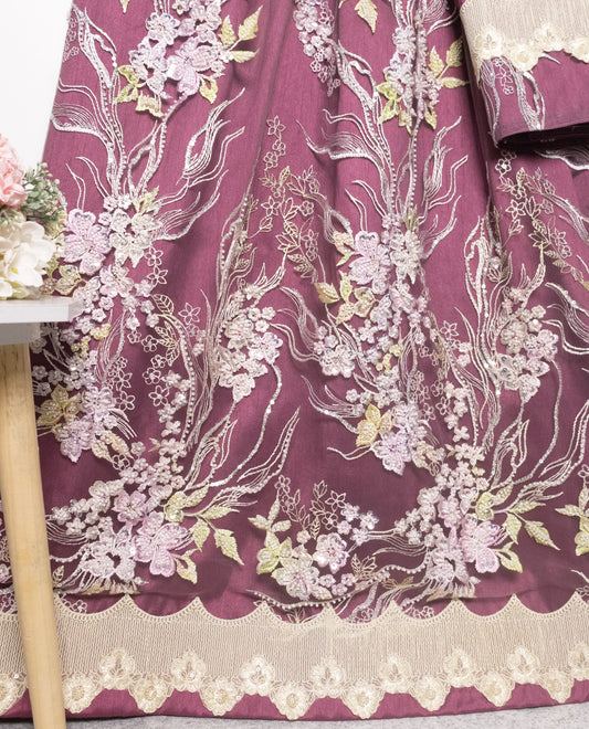 Dark Falsa Color With Smart Floral Net Peice & Lace