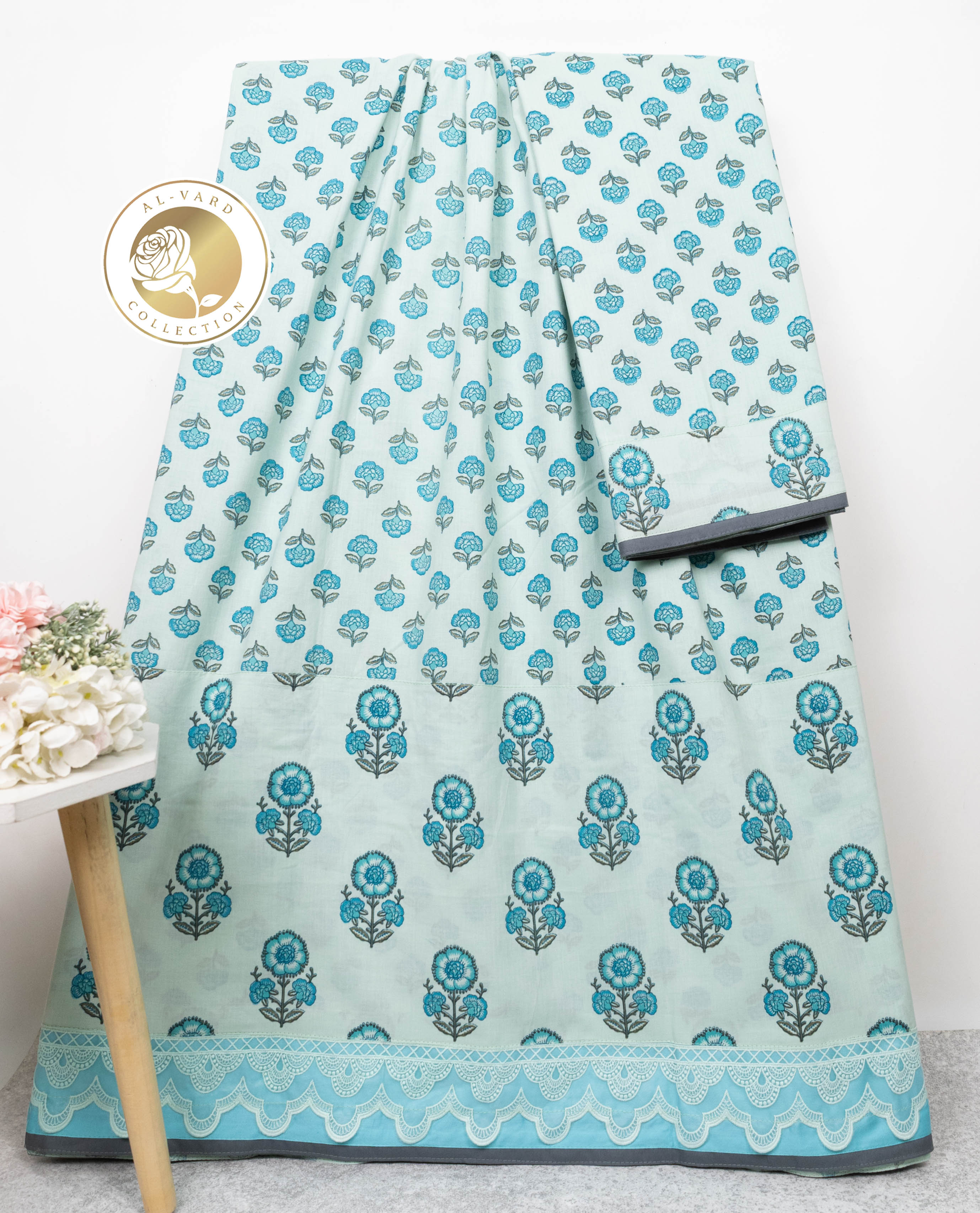 Pale Aqua Base Turquoise Print Batik Rida With Smart Batik Panel Smart Lace