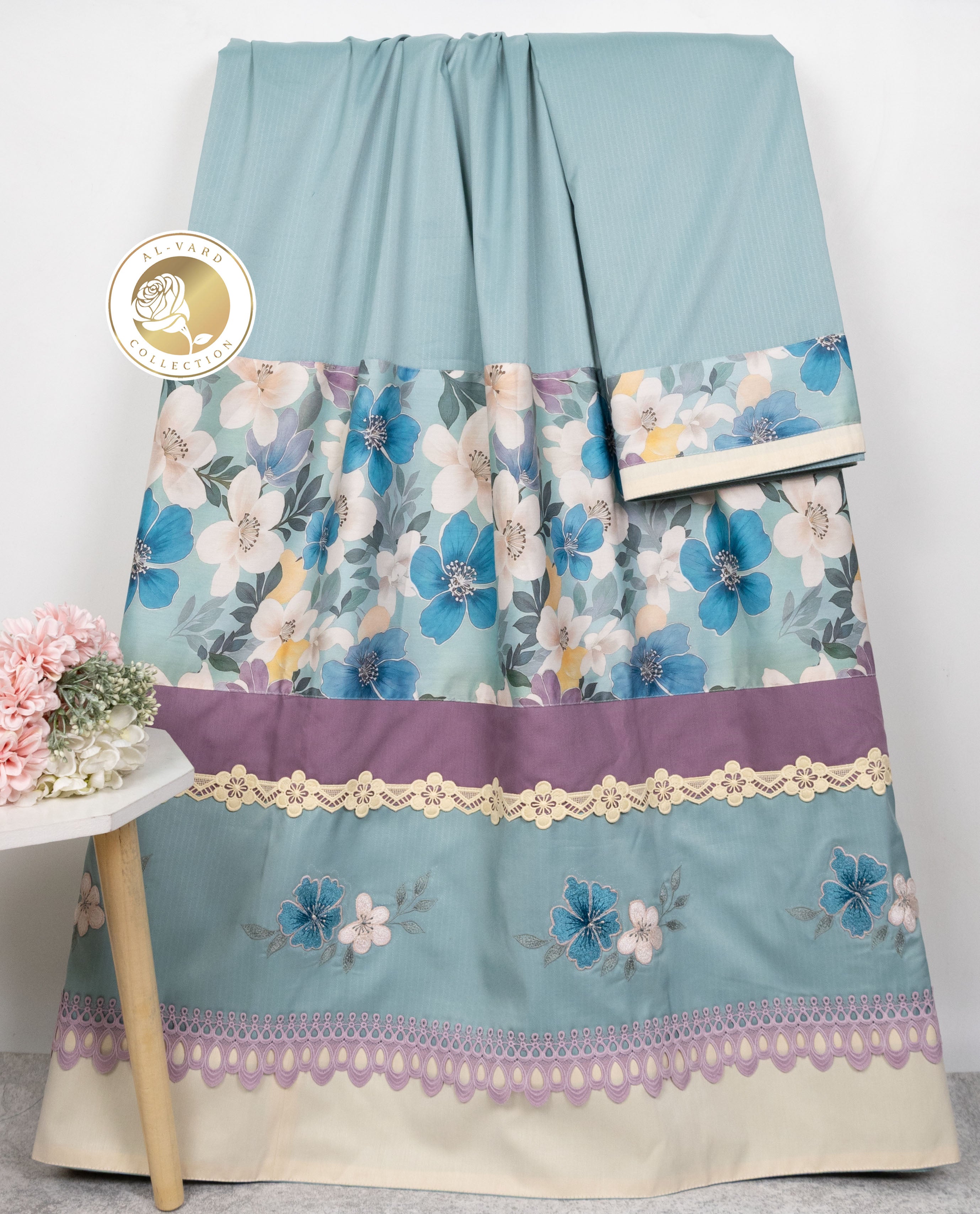 Sage Blue Rida With Floral Panel Lace & Floral Embroidery All Over