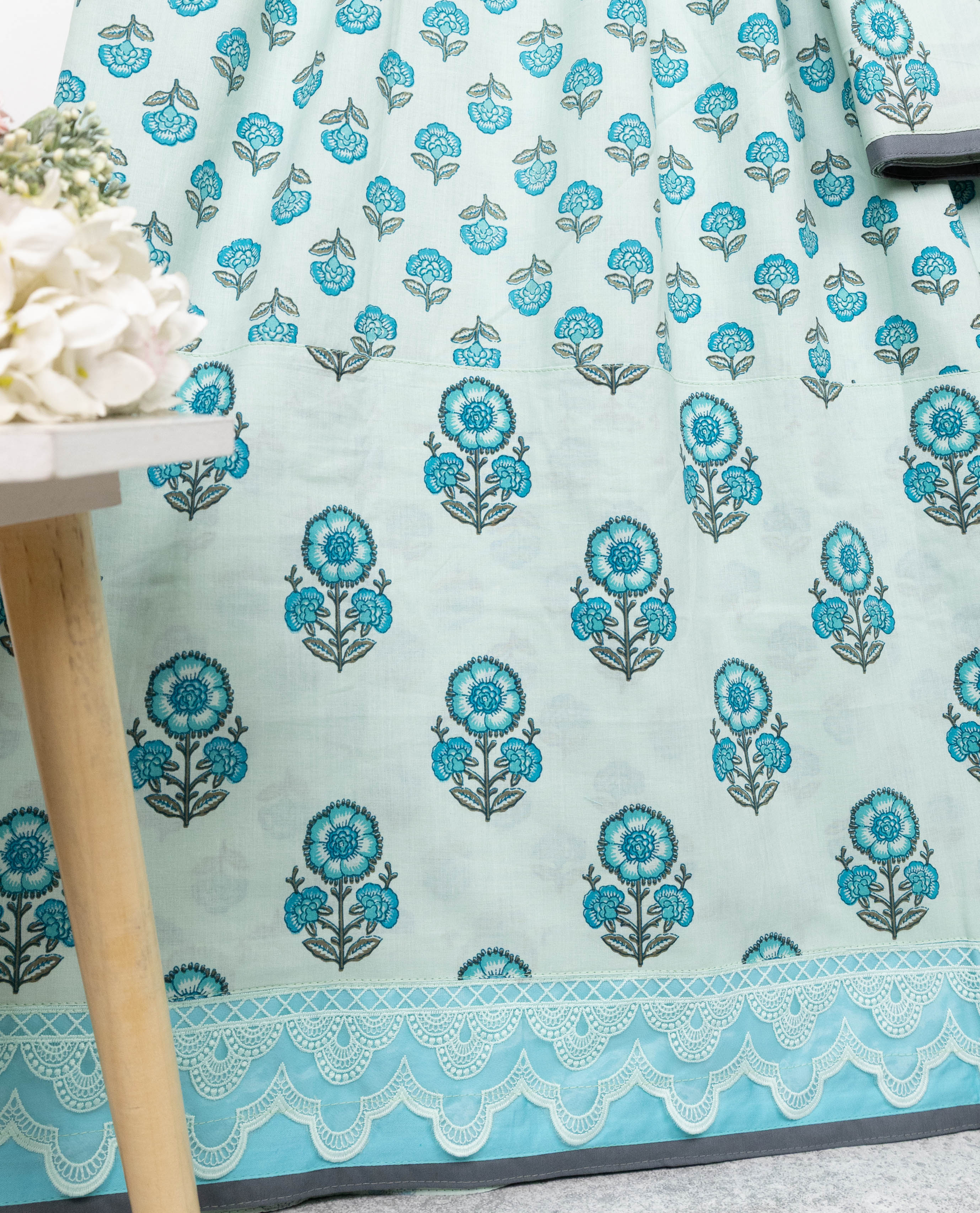 Pale Aqua Base Turquoise Print Batik Rida With Smart Batik Panel Smart Lace