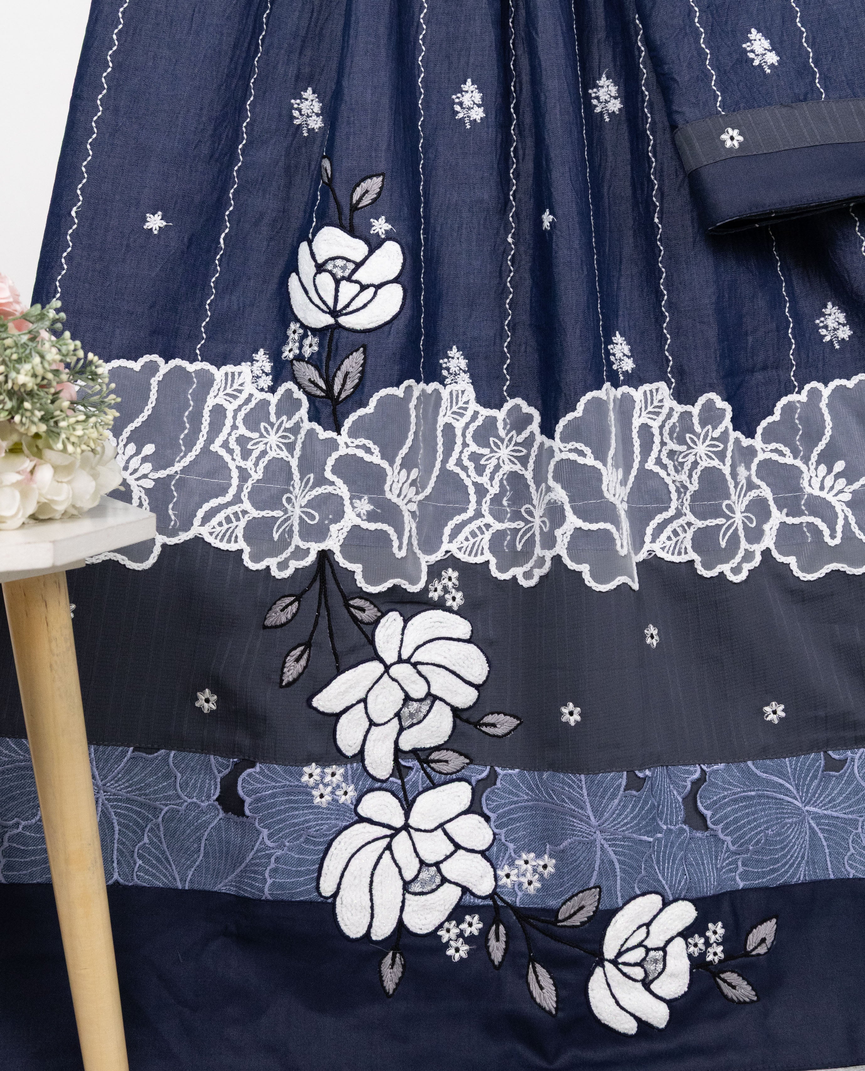 Midnight Blue Rida With Smart Pattern Floral Lace & Floral Applique Work