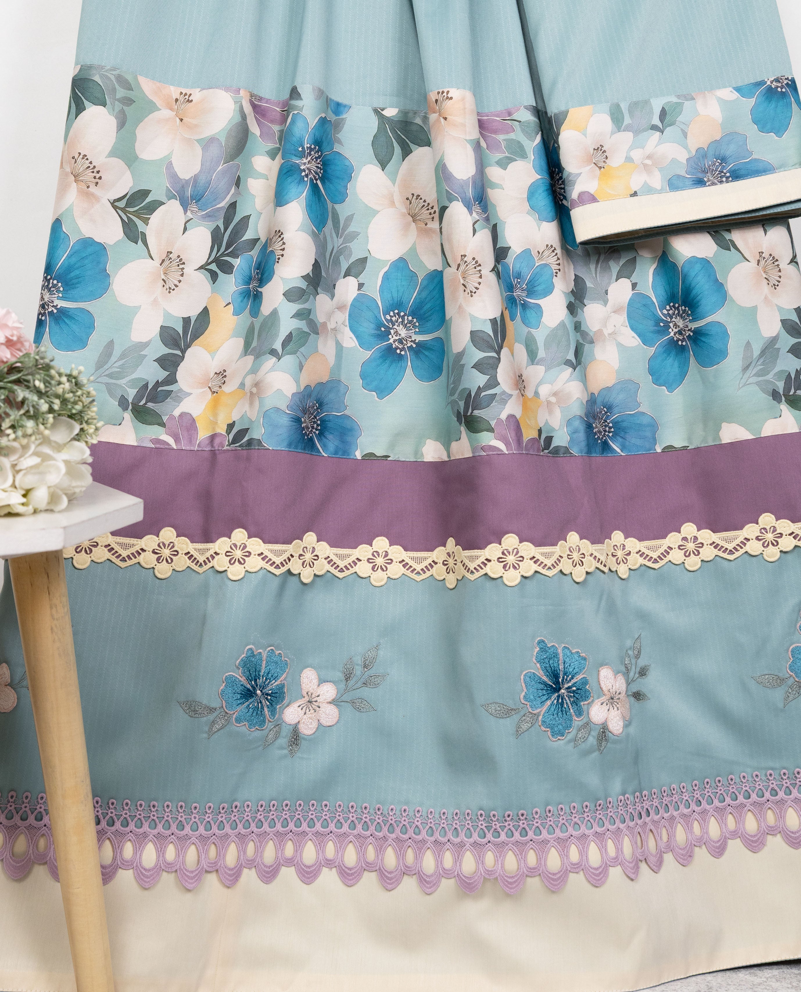 Sage Blue Rida With Floral Panel Lace & Floral Embroidery All Over