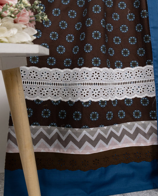 Dark Brown Jodi With Smart Lace Chevron Panel & Chevron Print Dupatta Blue Border