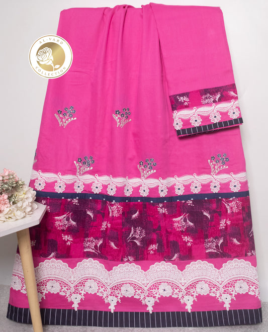 Rani Pink Rida With Smart Lace Panel & Floral Embroidery Work
