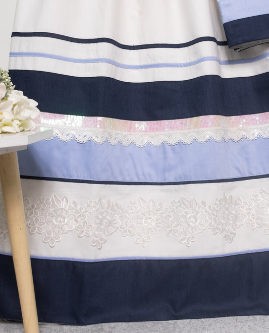 White Rida With Navy Pipin Panel & Smart Sequence Lace