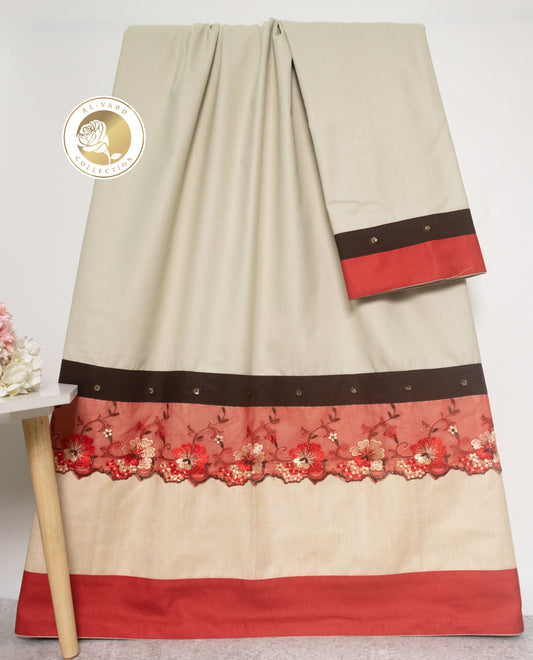 Beige Rida With Smart Red Floral Lace & Plain Panel