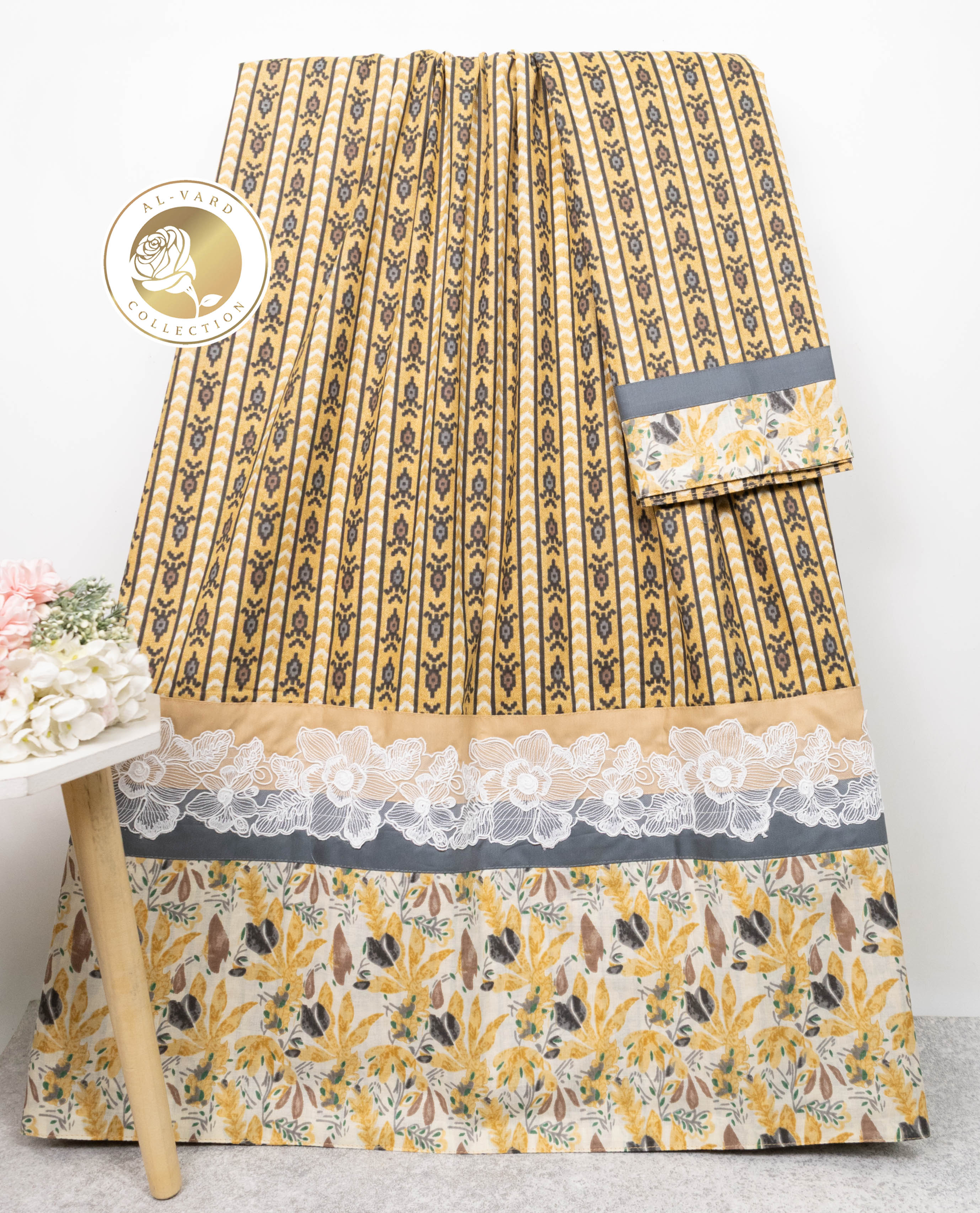 Mustard Yellow Dark Grey Combination Batik Print Rida With Smart Batik Panel & Smart Lace