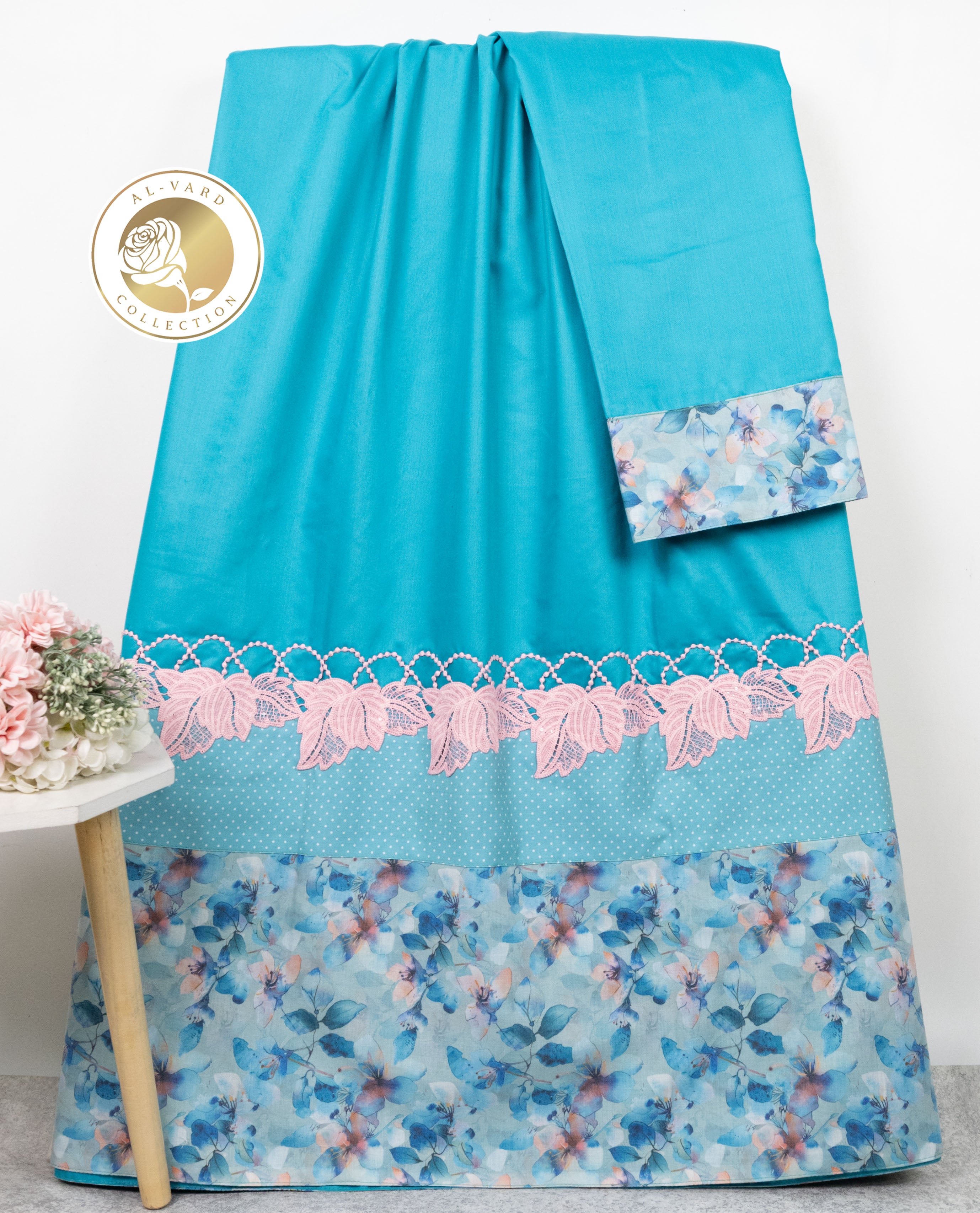 Turquoise Blue Rida With Smart Floral Dots Panel & Smart Lace-1750/-