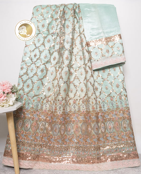 Pista Green Silky With Heavy Look Lace & Golden Tikri Lace