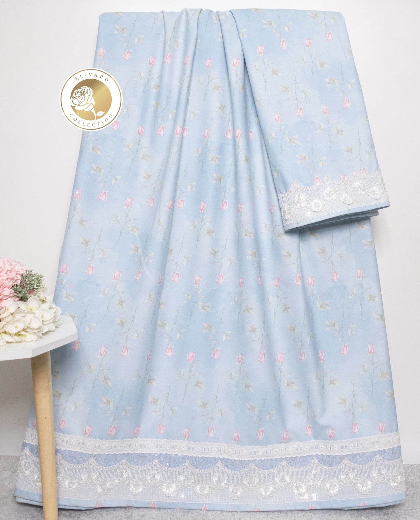 Light Blue Floral Print Rida With Smart Sequence Lace