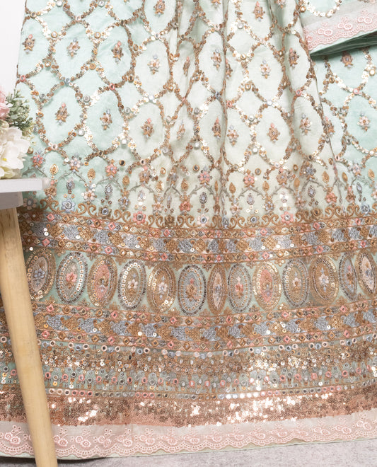 Pista Green Silky With Heavy Look Lace & Golden Tikri Lace