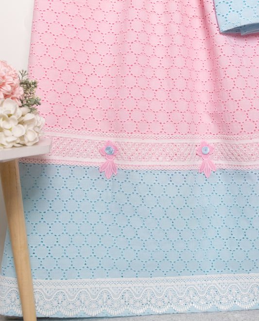 Baby Pink Hakoba Rida With Smart Lace & Light Blue Hakoba Panel