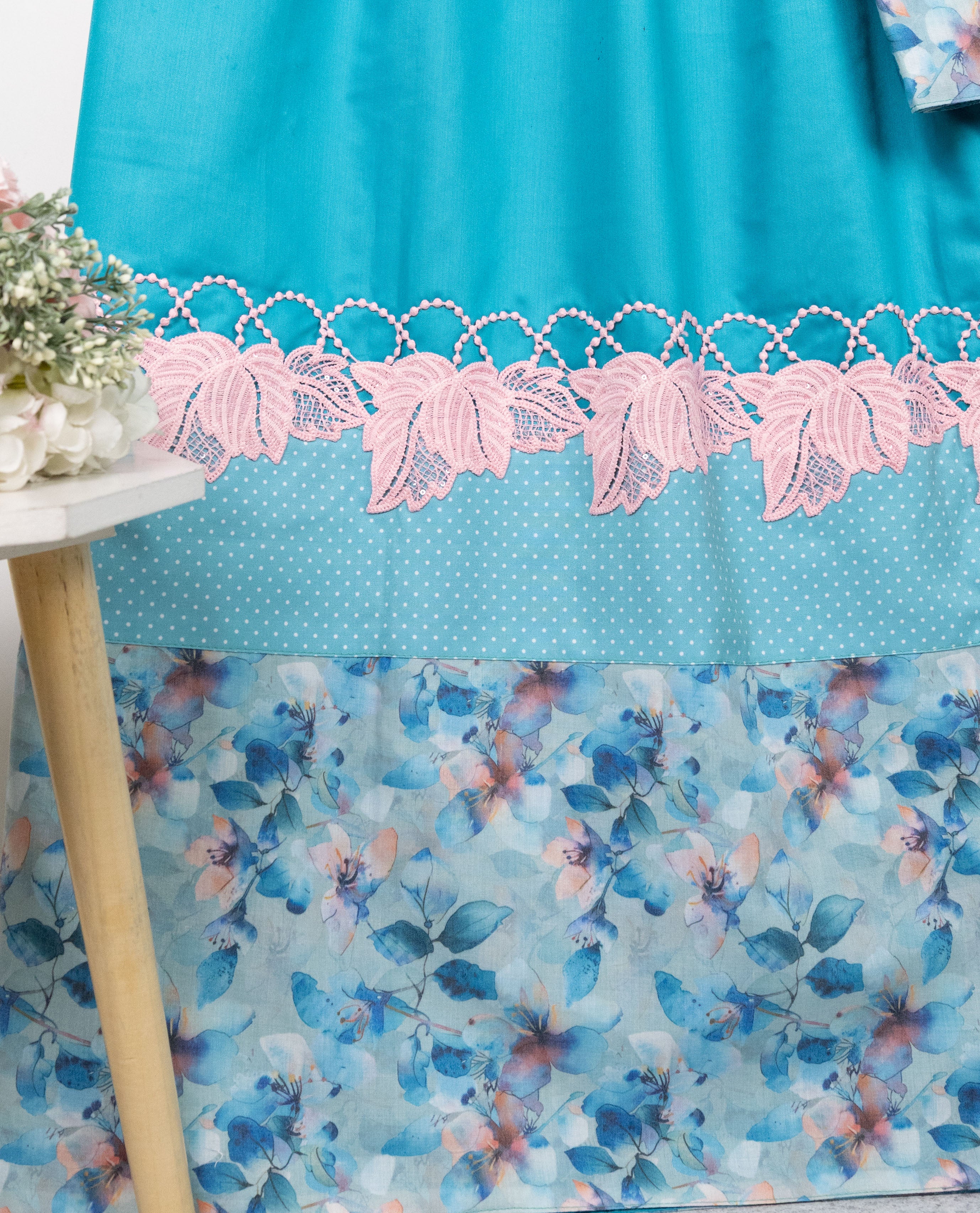Turquoise Blue Rida With Smart Floral Dots Panel & Smart Lace