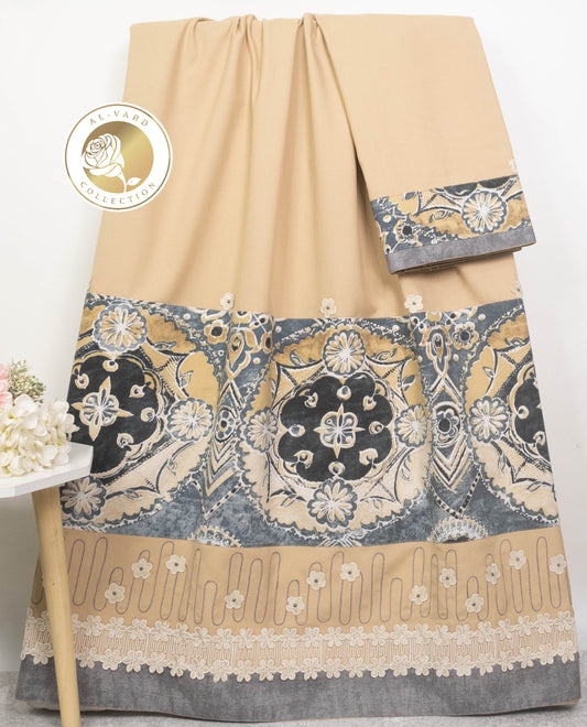Beige Rida With Imported Printed Panel & Floral Work Floral Lace
