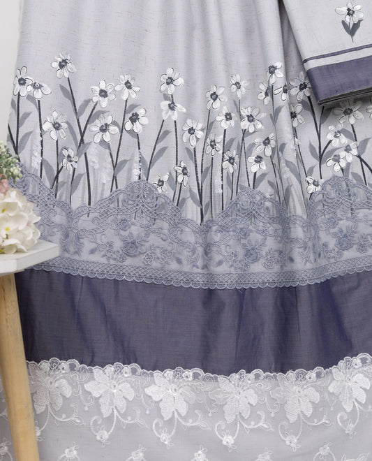 Light Grey Rida With Smart Lace Panel & Floral Painting With Aari TouchUp
