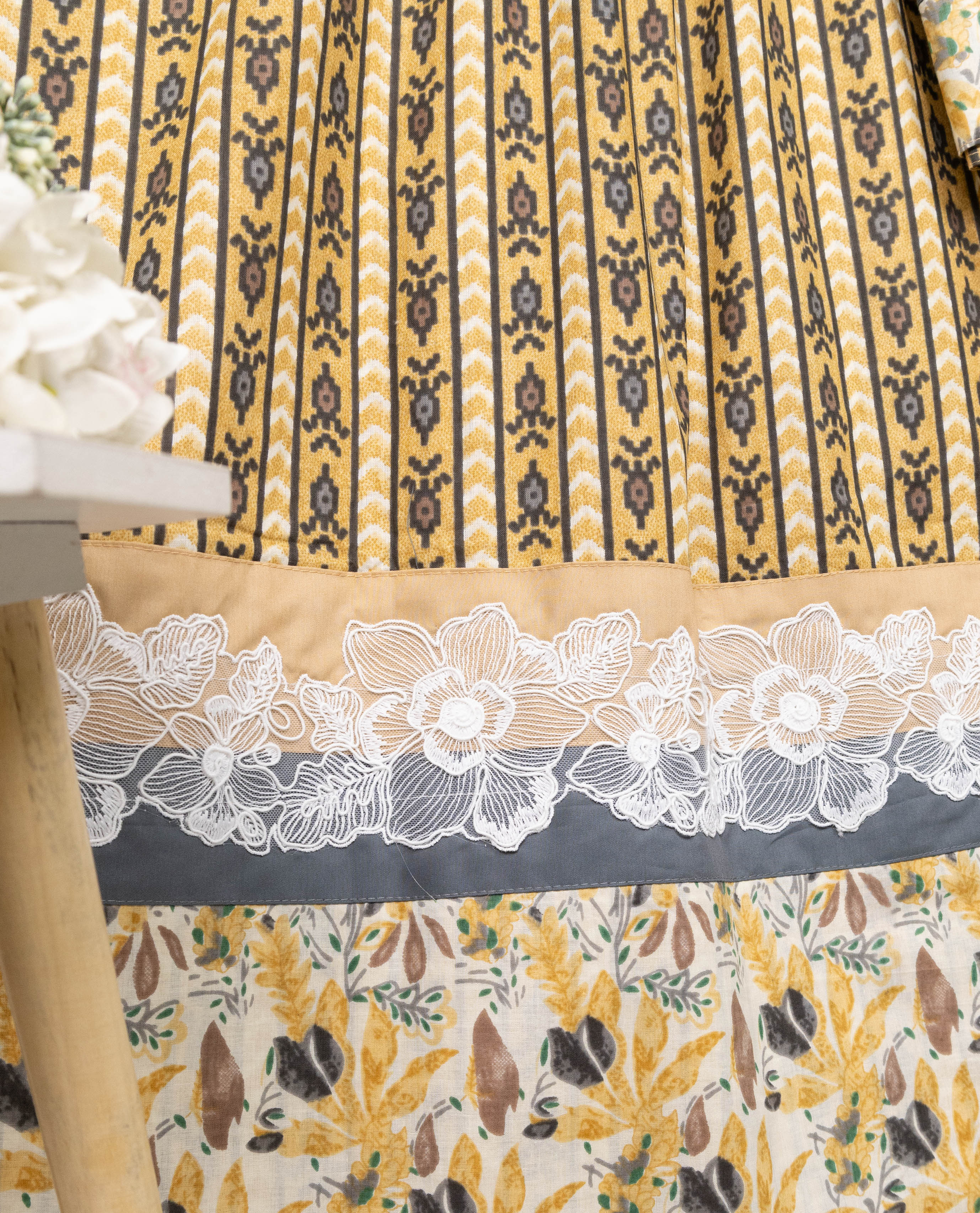 Mustard Yellow Dark Grey Combination Batik Print Rida With Smart Batik Panel & Smart Lace
