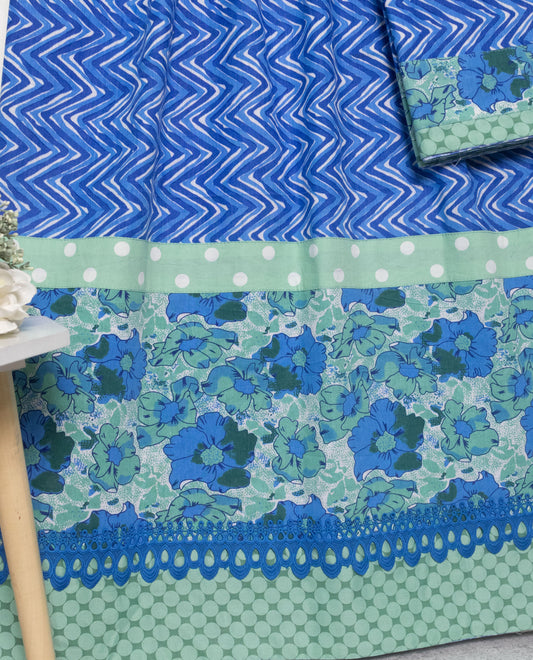 Iris Blue Chevron Batik Rida With Smart Floral Batik Panel & Lace