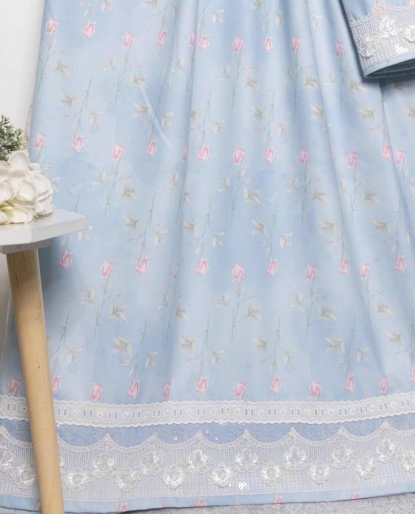 Light Blue Floral Print Rida With Smart Sequence Lace