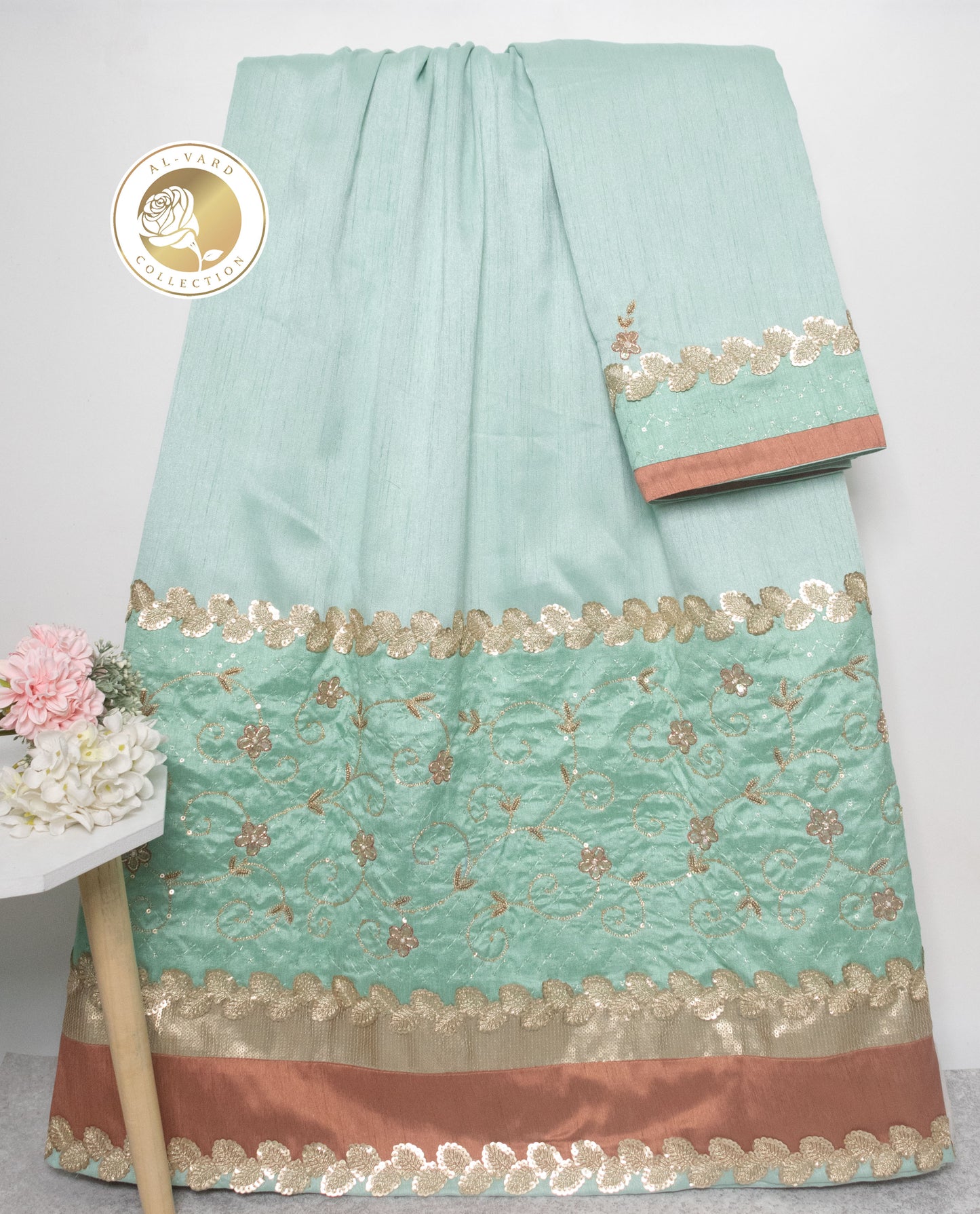 Pista Green Rida With Heavy Panel Lace & Aari Touch Up