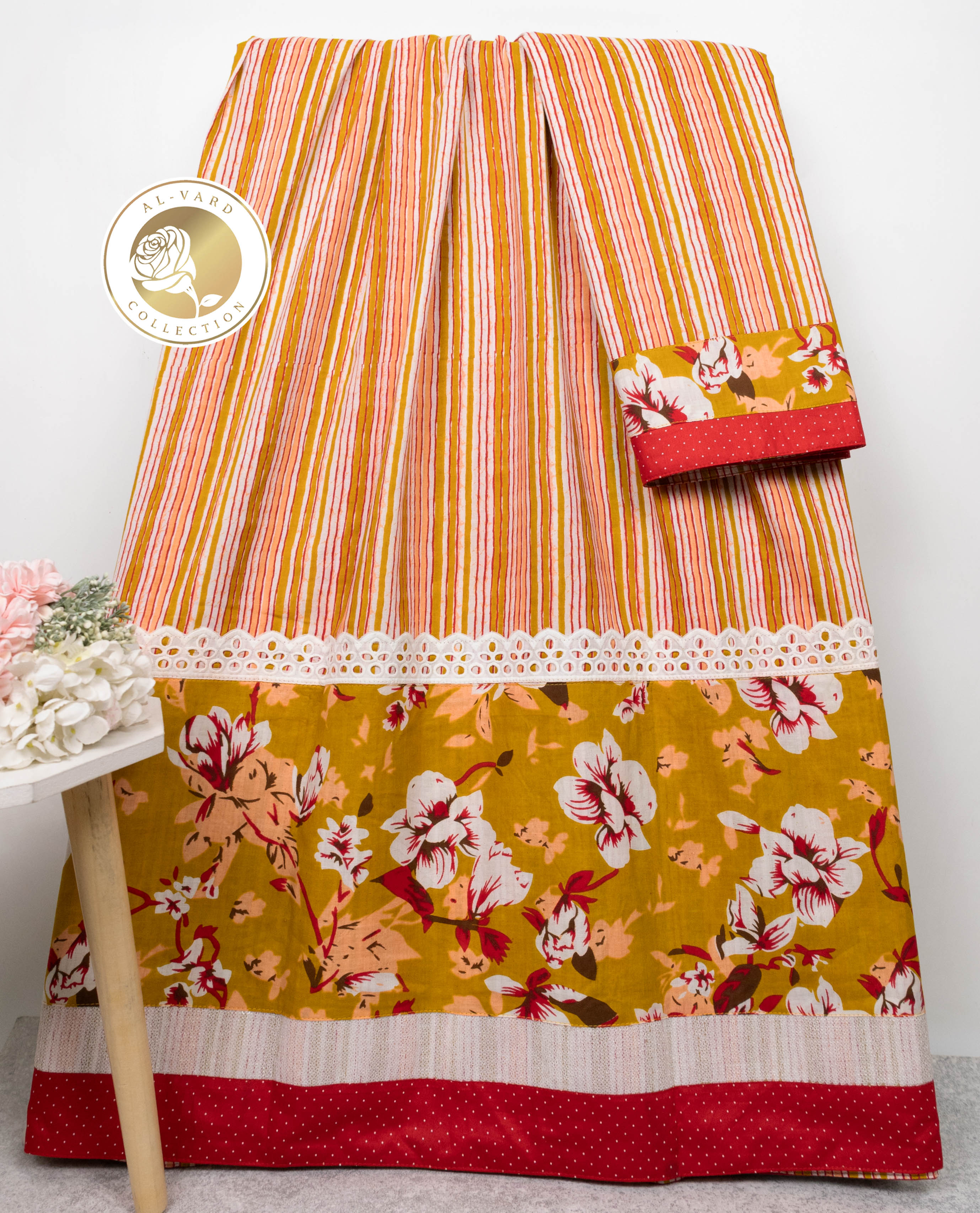 Multi Color Stripes Batik Rida With Dark Floral Printed Panel & Smart Lace