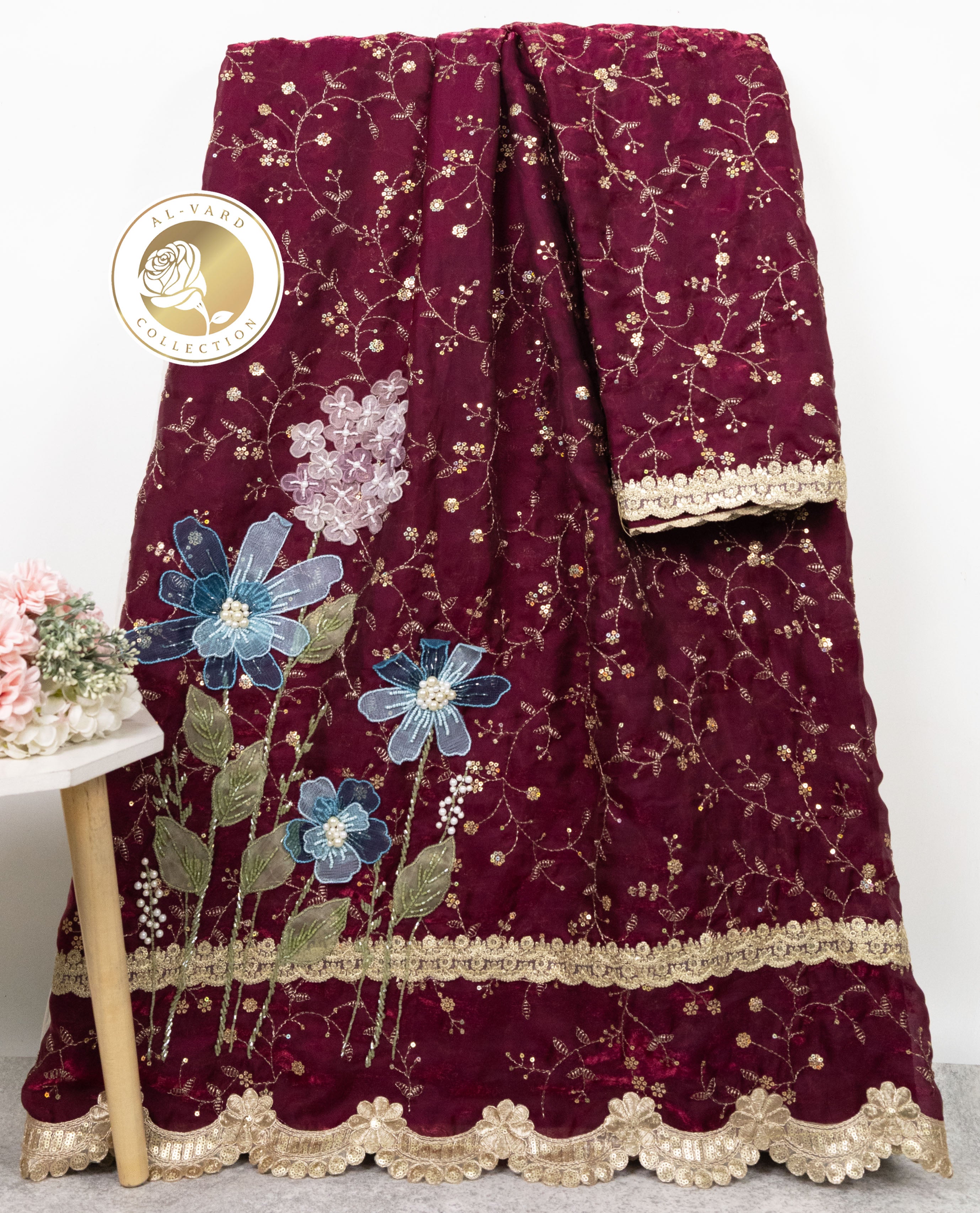 Wine Rida With Golden Floral Golden Lacing & Floral Tissue Work