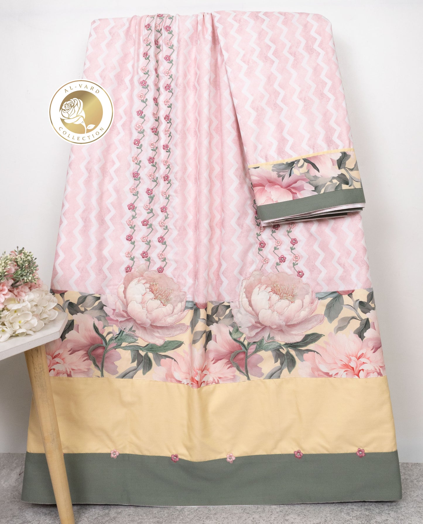 Light Pink Chevron Print Rida With Smart Floral Plain Panel Floral Embroidery & Floral Applique