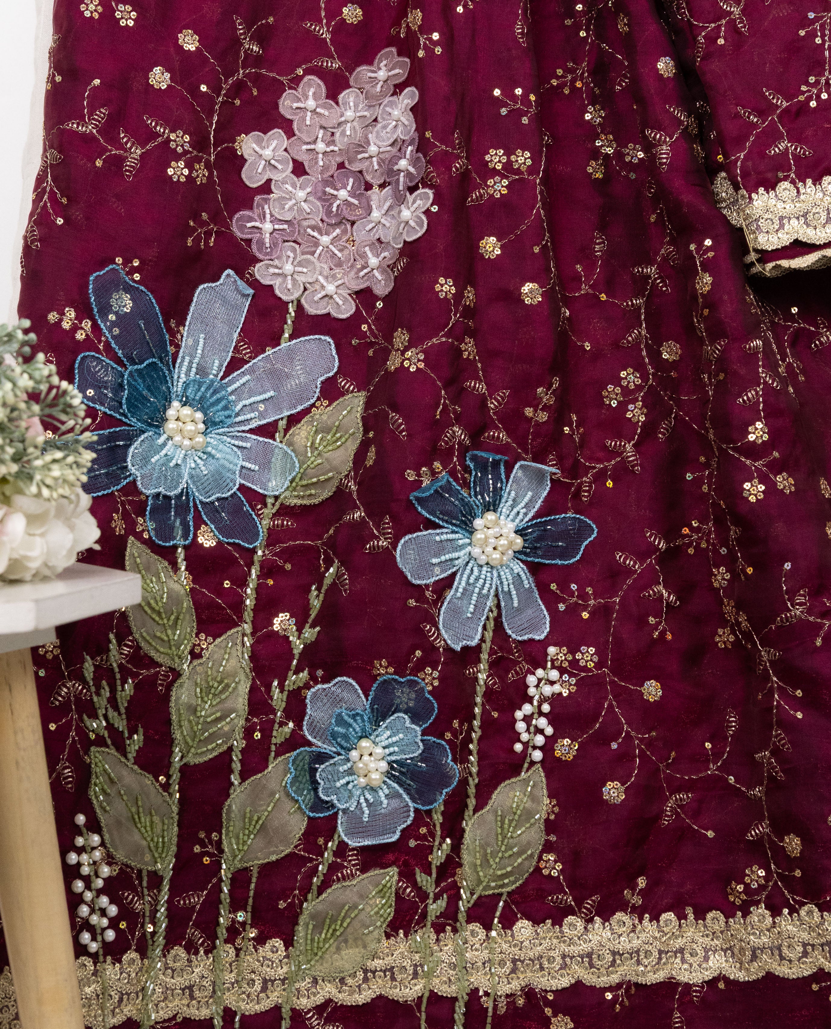 Wine Rida With Golden Floral Golden Lacing & Floral Tissue Work