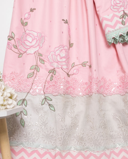 Baby Pink Rida With Chevron Panel Smart Sequence Lacing & Beautifu Floral Work