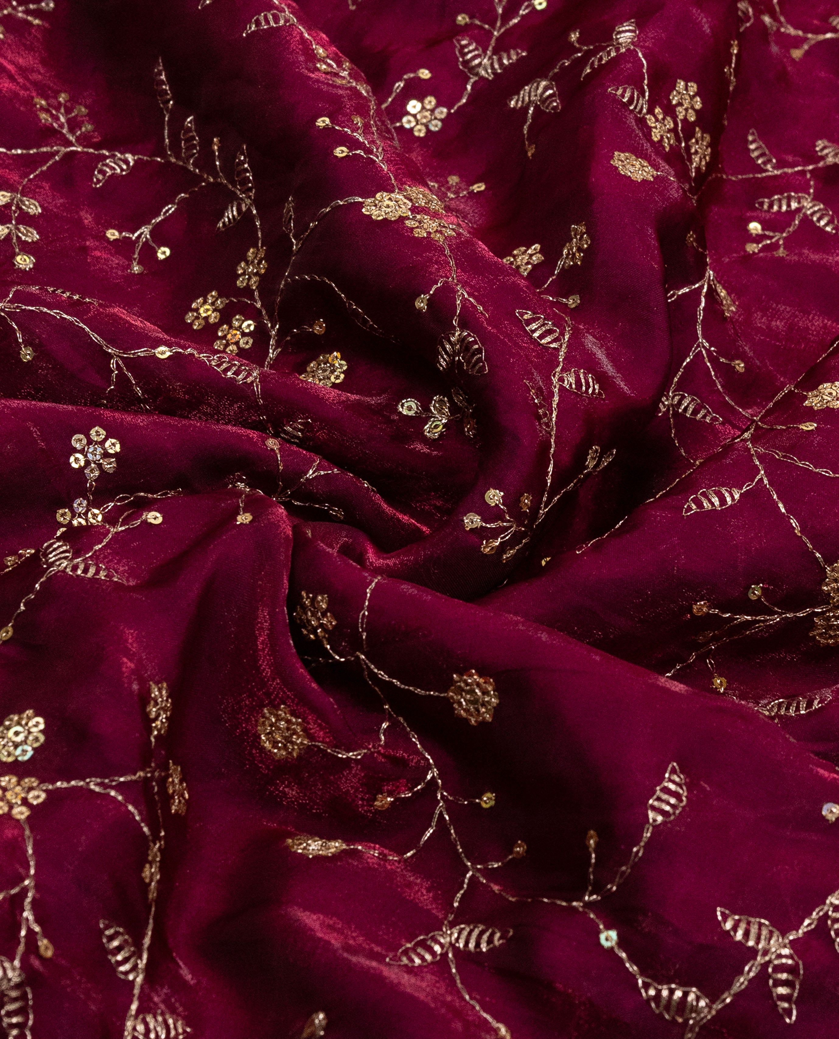Wine Rida With Golden Floral Golden Lacing & Floral Tissue Work