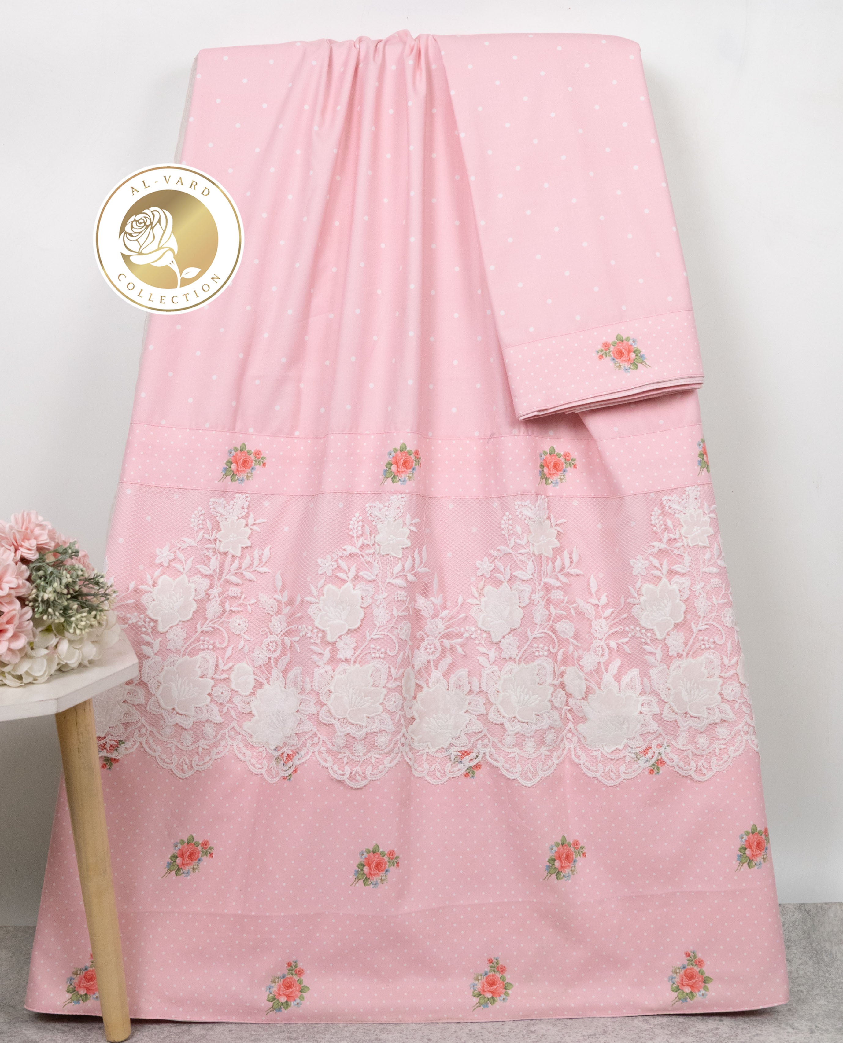 Baby Pink White Polka Dots Rida With Smart White Lace & Smart Rose Print Panel