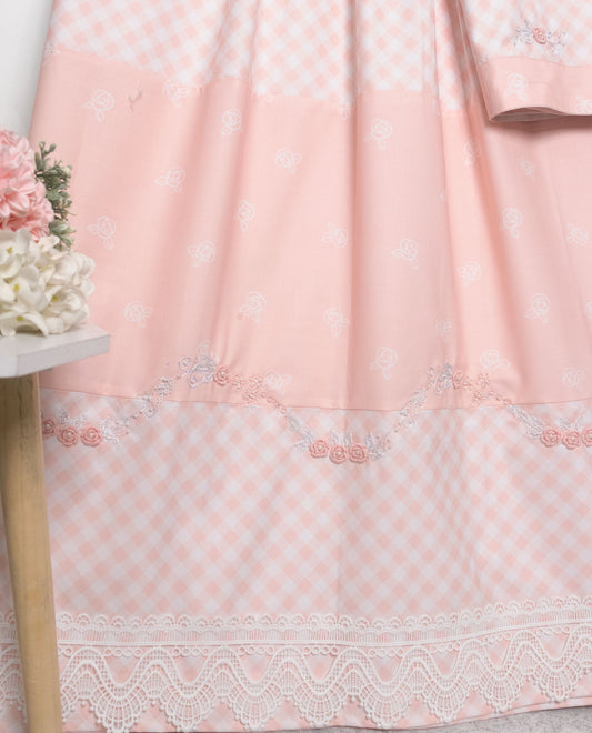 Peach White Checks Rida With Smart Floral Work & Panel Lace