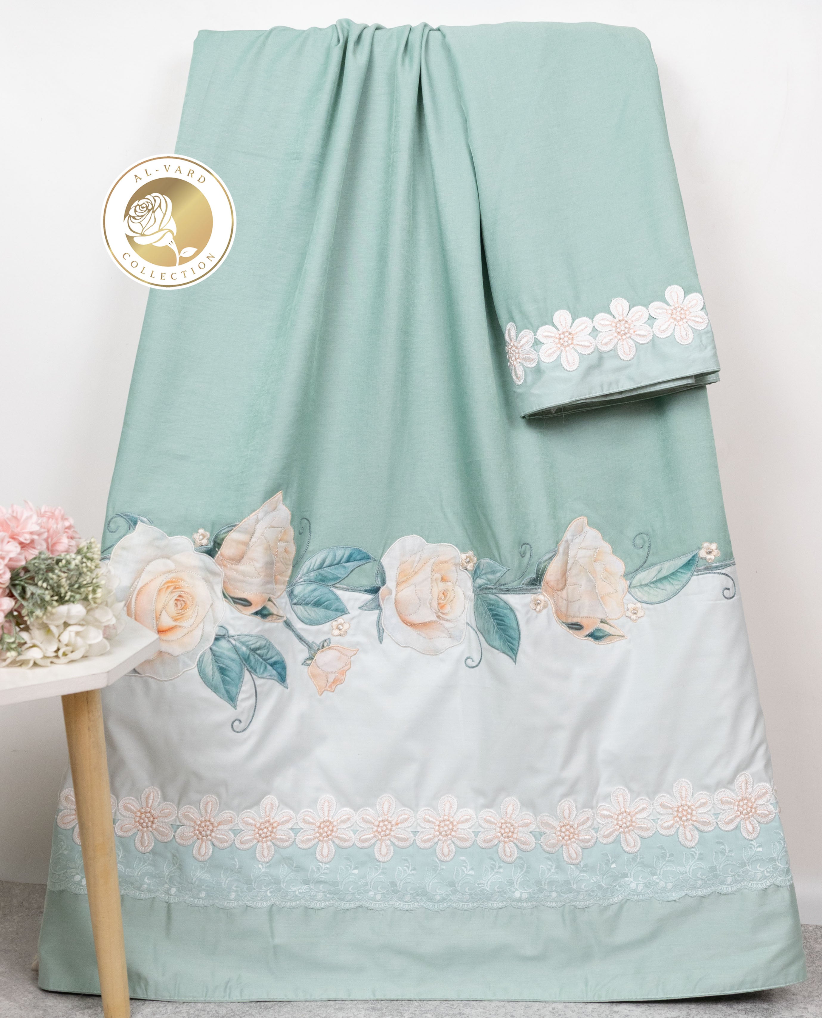 Seafoam Green Rida With Smart Panel Floral Lacing & Smart Floral Applique Work