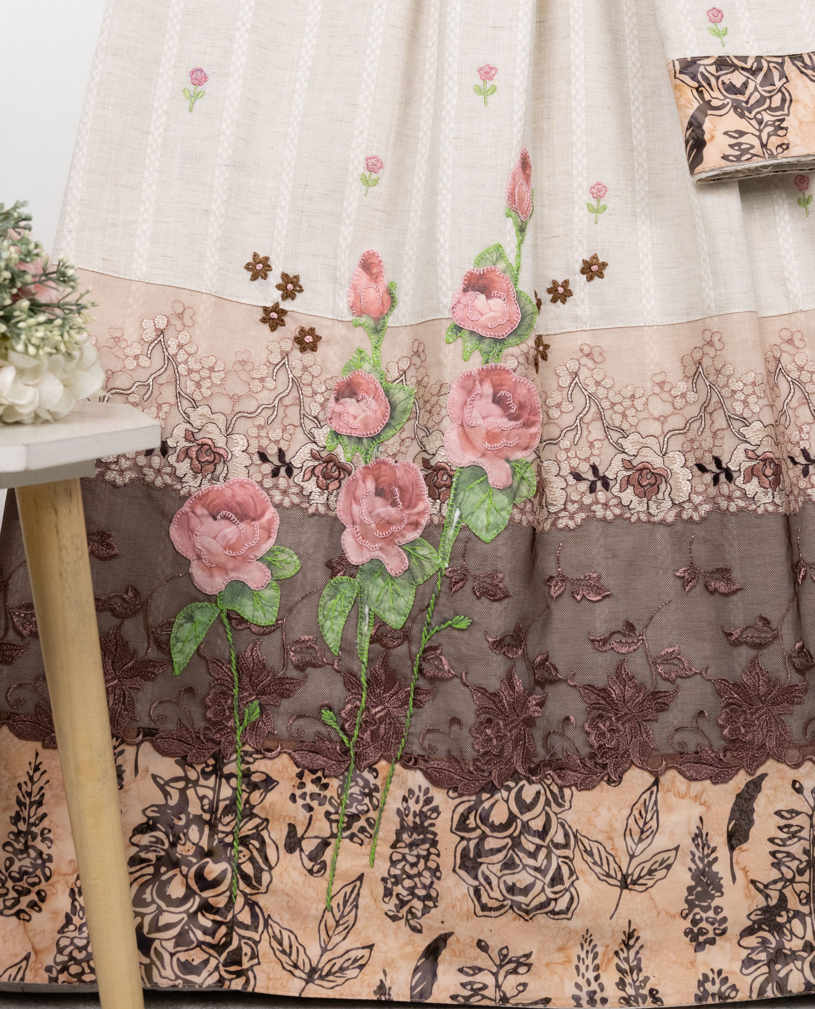Oatmeal Rida With Dark Brown Floral Lacing & Floral Applique Bunch Work