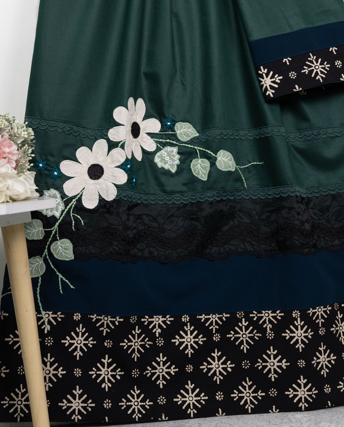 Dark Green Rida With Smart Batik Panel Dark Lace & Smart Floral Work