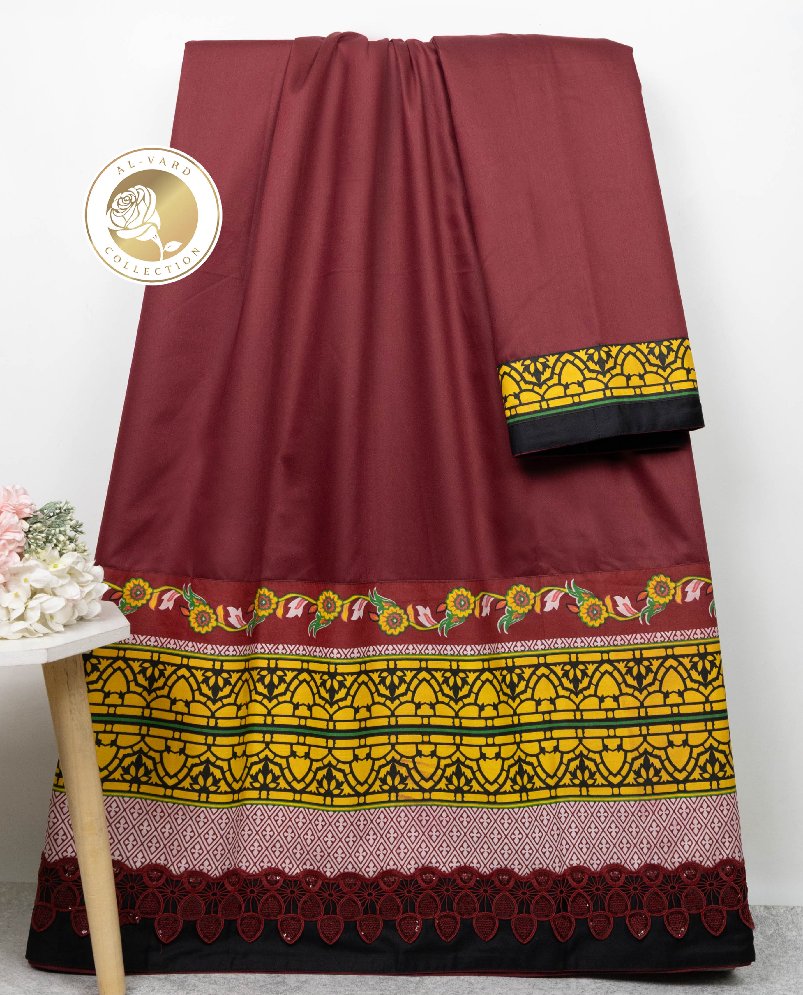 Dark Maroon Rida With Smart Different Design Printed Panel & Smart Lace
